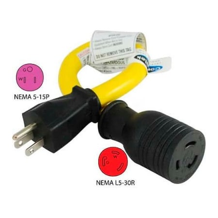 Conntek Plug Adapter, Pigtail, L5-30R, 5-15P, 1 ft., Yellow P515L530